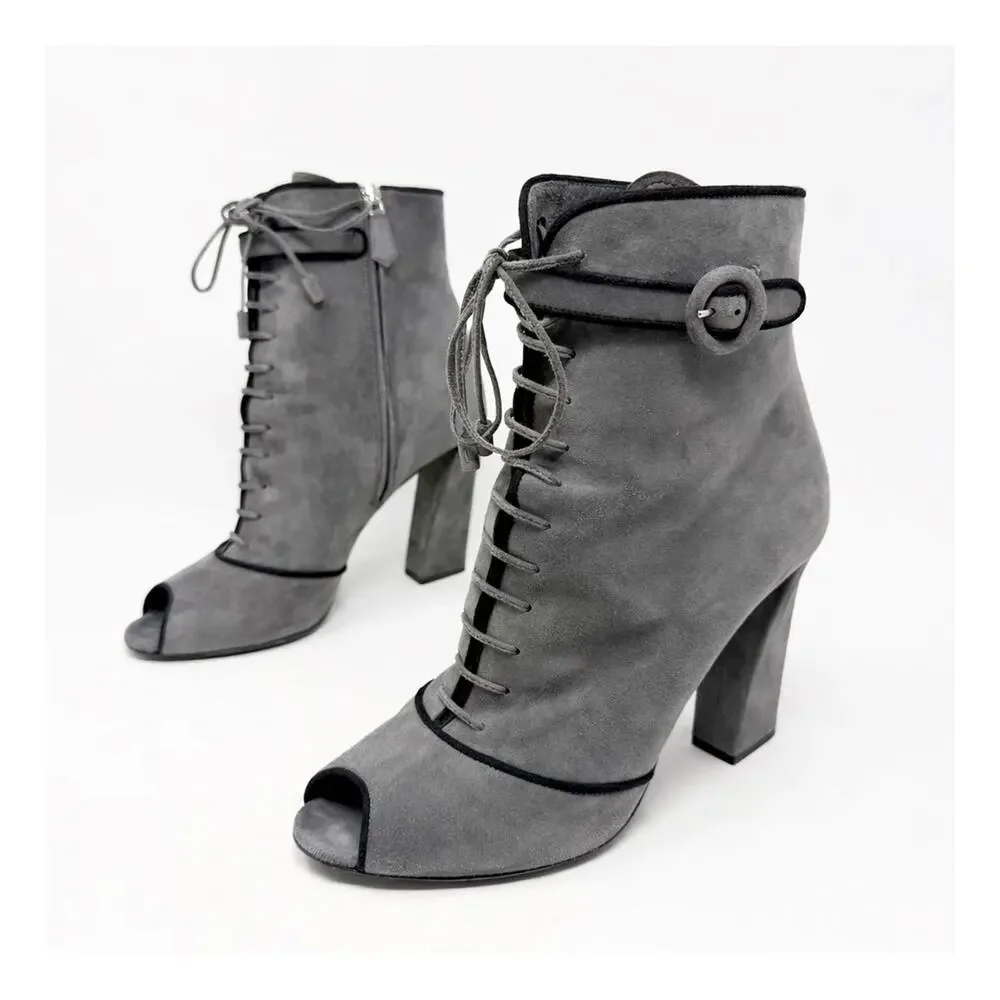 Prada Suede Peep Toe Lace Up Block Heel Boots Womens Size EU 40